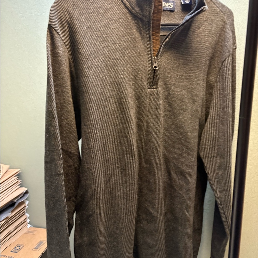 Chaps Men's Dark Grey with Brown Detail Quarter -Zip Sweater